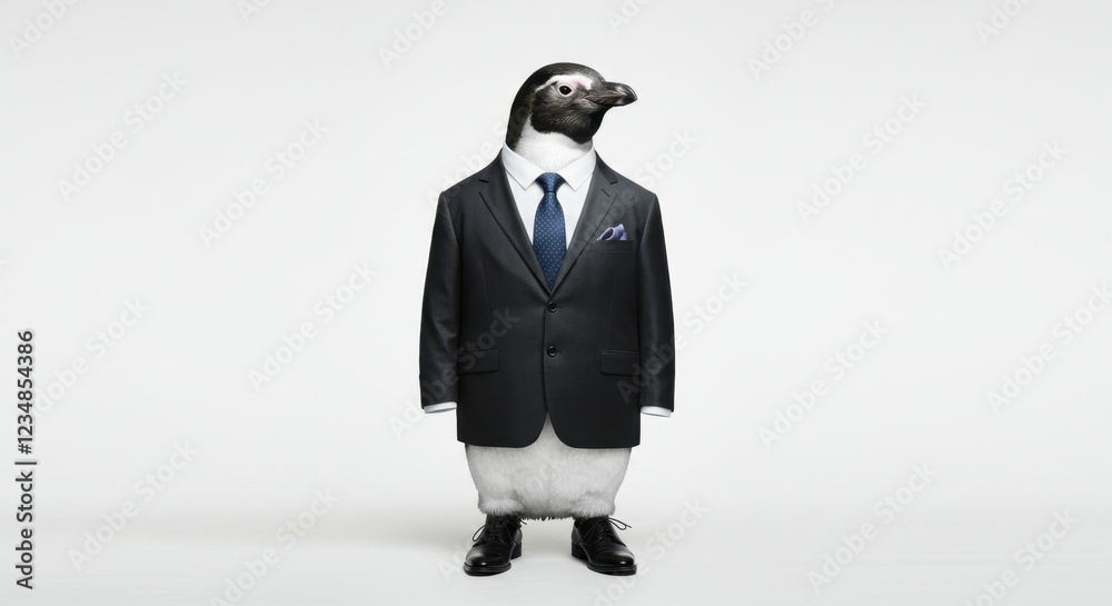 A penguin dressed in a formal suit stands confidently on a plain background A penguin dressed in a formal suit stands confidently on a plain background