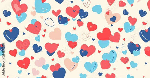 Valentine's Day pattern with cute hearts in various sizes, red and blue shades scattered across an off-white background