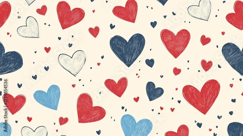 Valentine's Day pattern with cute hearts in various sizes, red and blue shades scattered across an off-white background