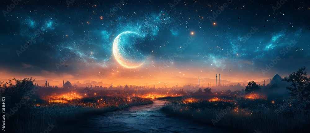 Fototapeta premium A Crescent Moon Glows Over A Magical City At Night, Fireflies Illuminating The Landscape. A Mystical And Serene Scene.