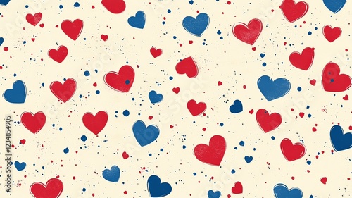 Valentine's Day pattern with cute hearts in various sizes, red and blue shades scattered across an off-white background