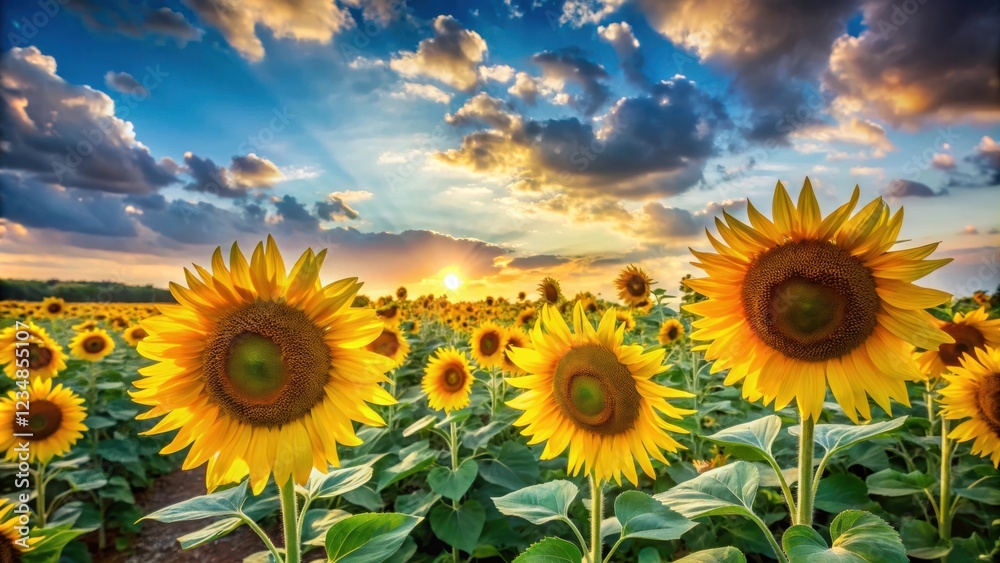 Obraz premium Golden Sunflowers Bask in the Glow of a Setting Sun, Their Petals Reaching Towards the Heavenly Light