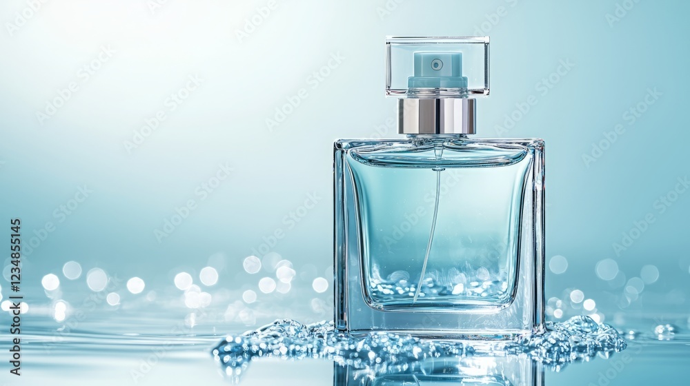 A serene scene of a clear rectangular perfume bottle with a light blue cap submerged in clear blue water, illuminated by sunlight filtering through the water, creating sparkling reflections A serene scene of a clear rectangular perfume bottle with a light blue cap submerged in clear blue water, illuminated by sunlight filtering through the water, creating sparkling reflections