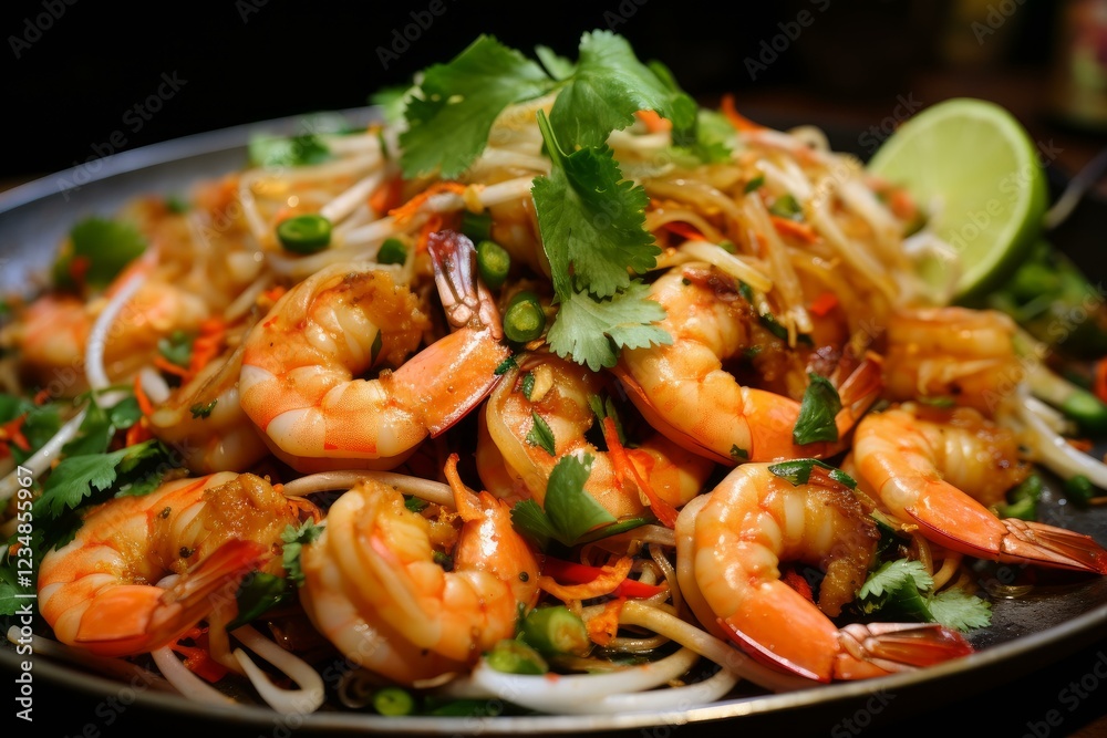 Delicious pad thai with shrimps, bean sprouts, coriander and lime being prepared in wok pan Delicious pad thai with shrimps, bean sprouts, coriander and lime being prepared in wok pan
