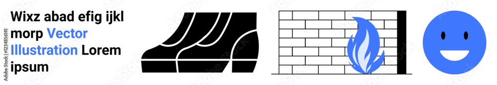 Black safety footwear, a wall with a flame, and a blue smiling face illustrate protection, hazard management, and positivity. Ideal for safety instructions, manuals, fire prevention guides, workplace Black safety footwear, a wall with a flame, and a blue smiling face illustrate protection, hazard management, and positivity. Ideal for safety instructions, manuals, fire prevention guides, workplace
