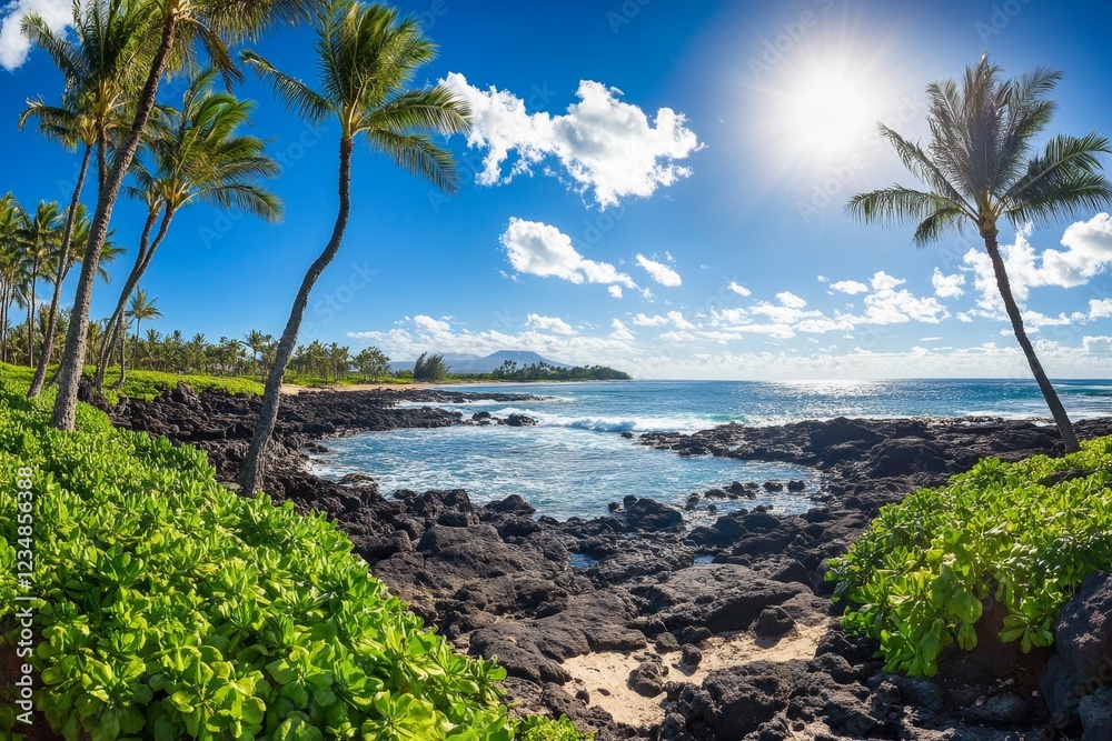 Bright Tropical Beach Scene with Palm Trees and Clear Blue Sky Bright Tropical Beach Scene with Palm Trees and Clear Blue Sky