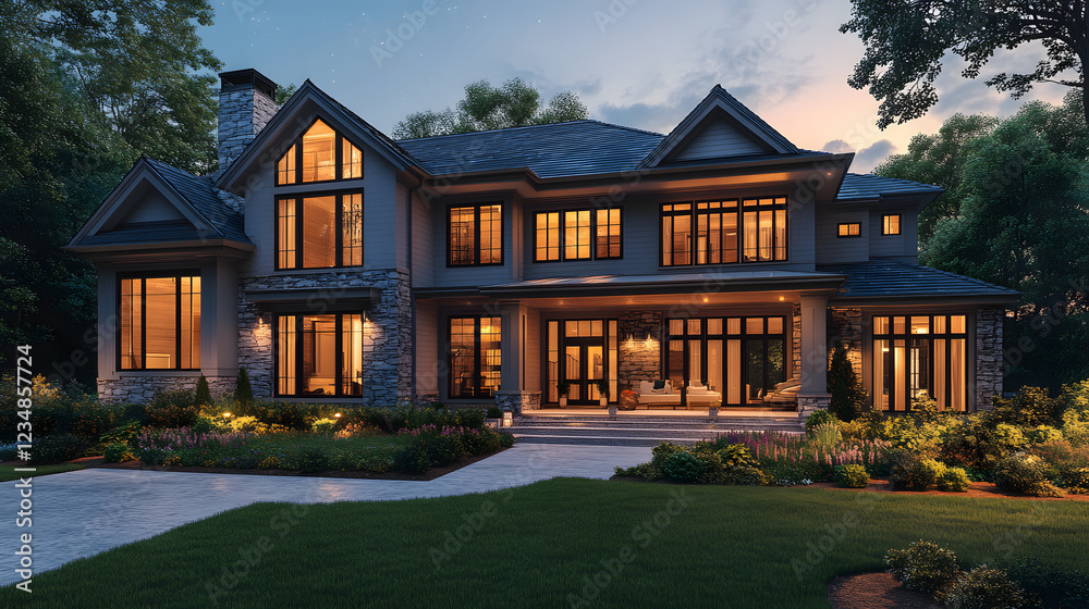 A large blue house with a white trim and a black roof. The house has a large front porch and a driveway. The house is surrounded by a lush green lawn and a garden with flowers A large blue house with a white trim and a black roof. The house has a large front porch and a driveway. The house is surrounded by a lush green lawn and a garden with flowers