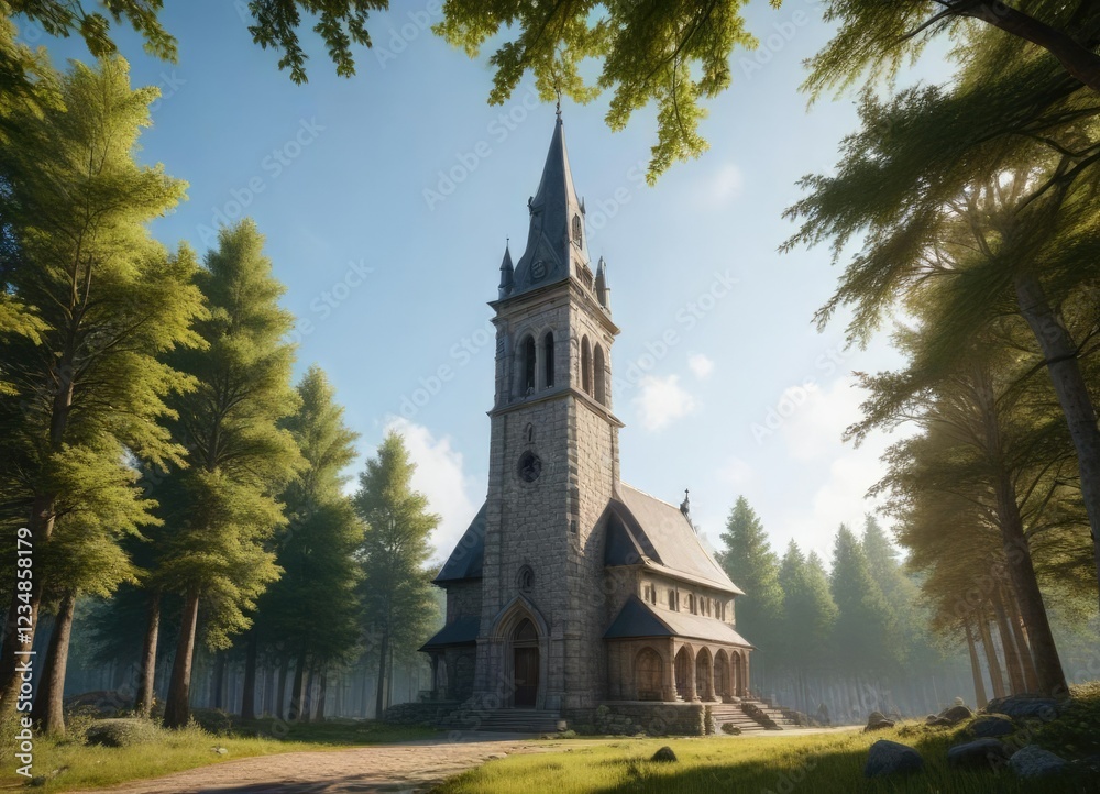 Church with a large stone bell tower and surrounding forest, basilica, devotion, church Church with a large stone bell tower and surrounding forest, basilica, devotion, church