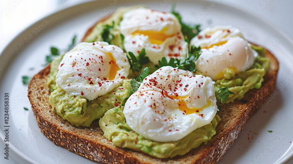 A beautifully plated whole grain toast topped with creamy mashed avocado, perfectly poached eggs, and a sprinkle of red pepper flakes. The dish is presented on a clean white plate with natural lightin A beautifully plated whole grain toast topped with creamy mashed avocado, perfectly poached eggs, and a sprinkle of red pepper flakes. The dish is presented on a clean white plate with natural lightin