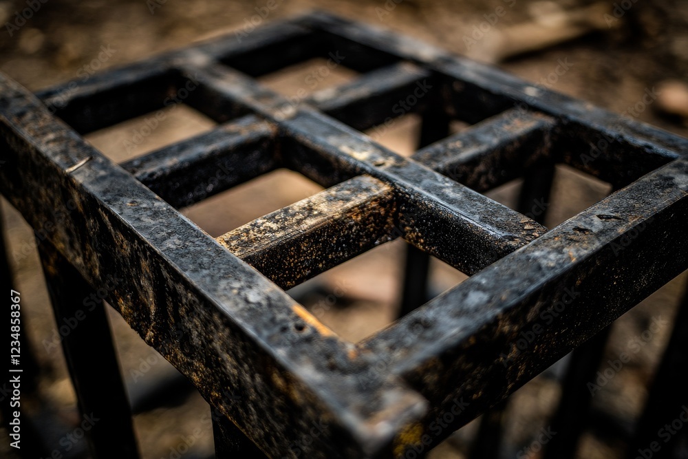 Close-up View of Rustic Metal Grid Structure on Weathered Surface Close-up View of Rustic Metal Grid Structure on Weathered Surface