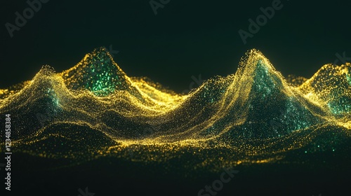 Glittering gold and green digital mountain range landscape; abstract data visualization; dark background; tech presentation