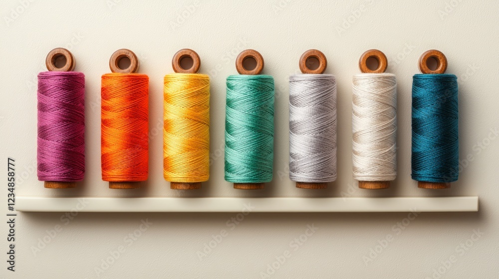 Macro Shot of Colorful Spools of Thread Arranged Neatly on a Cream-Colored Shelf, Transitioning from Maroon Red, Orange, Light Yellow, Light Green, Blue, Sea Green, Light Purple, to Beige Macro Shot of Colorful Spools of Thread Arranged Neatly on a Cream-Colored Shelf, Transitioning from Maroon Red, Orange, Light Yellow, Light Green, Blue, Sea Green, Light Purple, to Beige