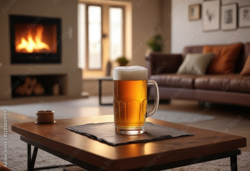 Close-up of a glass of beer resting on a coffee table near a glowing fireplace in a modern living room, night, cozy, firelight Close-up of a glass of beer resting on a coffee table near a glowing fireplace in a modern living room, night, cozy, firelight