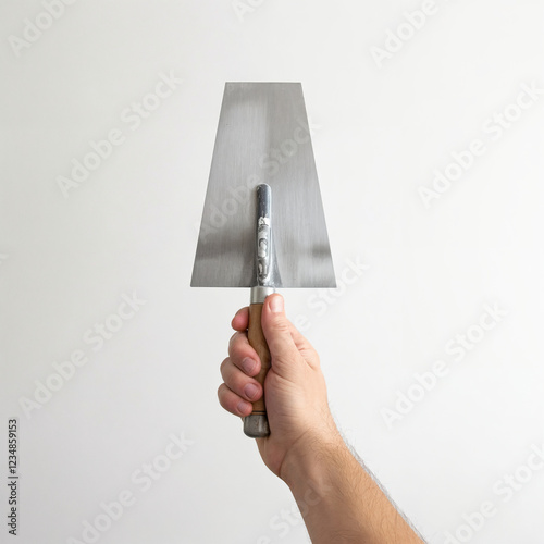 Human hand with a trowel on a white background