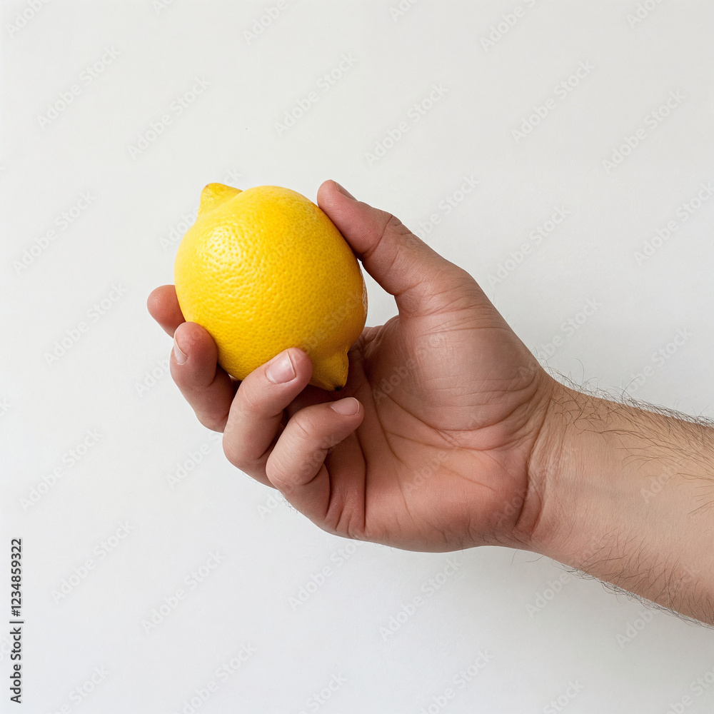 Close up of hand holding whole lemon beginning to dry up. Isolated on white background Close up of hand holding whole lemon beginning to dry up. Isolated on white background