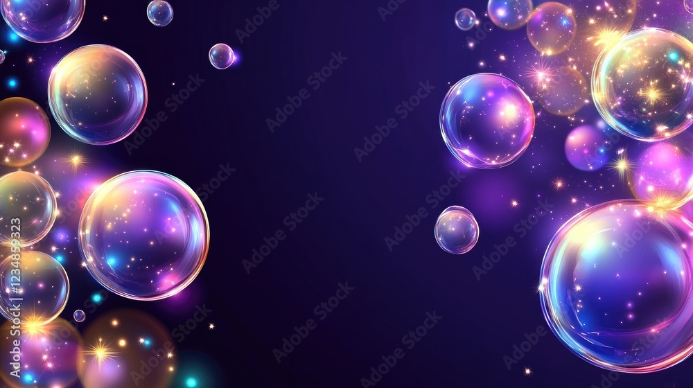 Sparkling iridescent bubbles float on dark purple background, ideal for website banners Sparkling iridescent bubbles float on dark purple background, ideal for website banners
