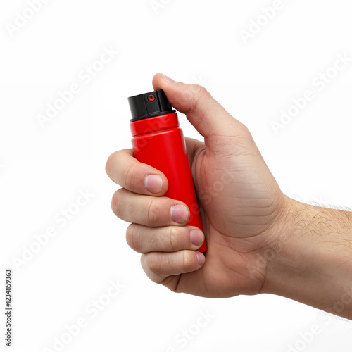 Hand with red pepper spray on white background