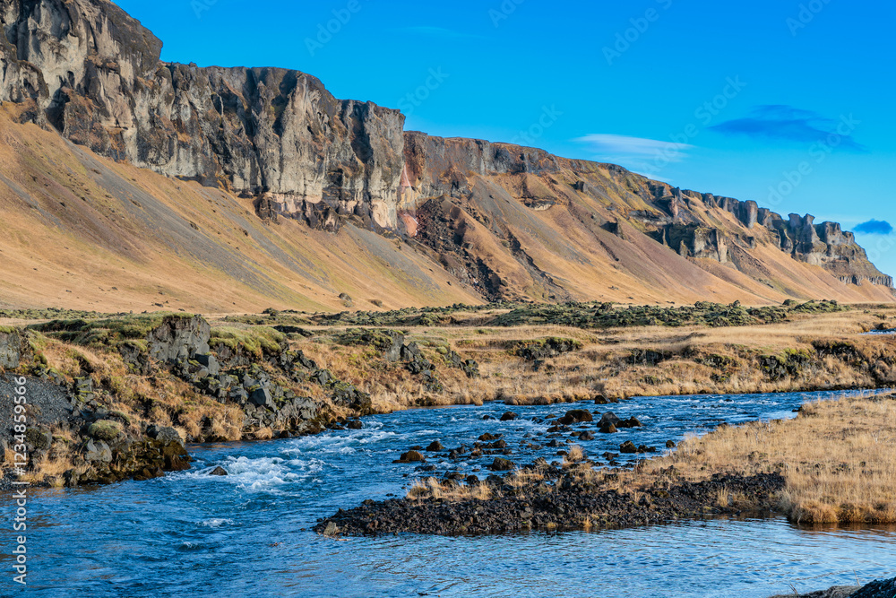 The landscape around Orustuholl (Battle Hill) and the Fossalar River.in Iceland.
