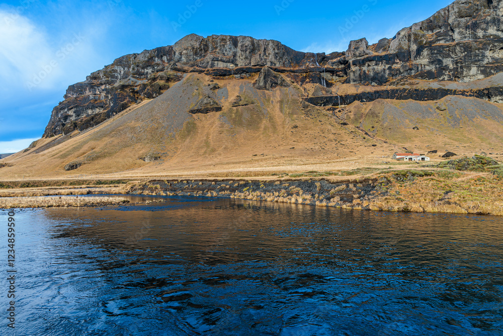 The landscape around Orustuholl (Battle Hill) and the Fossalar River.in Iceland.