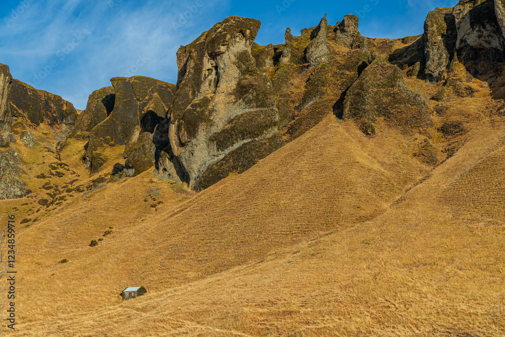 Landscape near the Foss a Sidu waterfalls in southern Iceland.