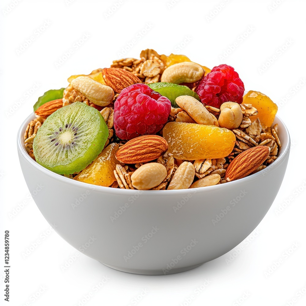Granola with Almonds, Cashews, Kiwi, and Raspberries in White Bowl Granola with Almonds, Cashews, Kiwi, and Raspberries in White Bowl