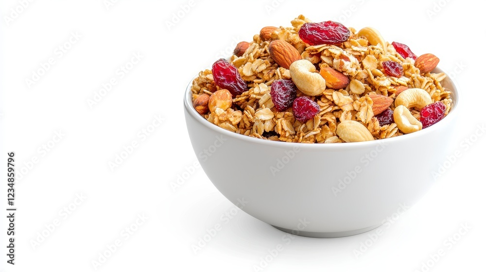 Granola with Almonds, Cashews, and Cranberries in White Bowl Granola with Almonds, Cashews, and Cranberries in White Bowl