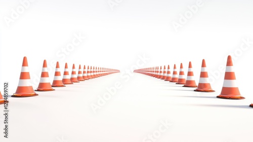 Row of road warning cones in vanishing point perspective isolated on white photo