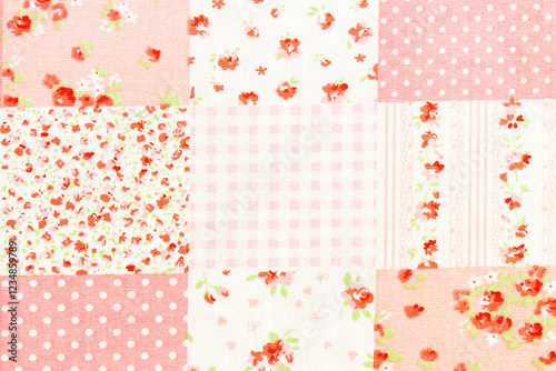 Pink foral patchwork fabric background showing various textures and patterns