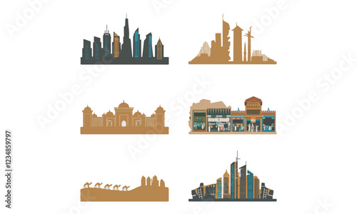 Dubai-inspired city silhouettes on a white background. Each silhouette represents the essence of Dubai without  landmarks. The silhouettes