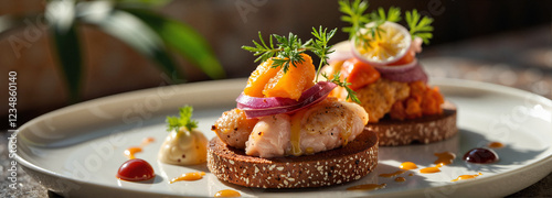 Elegant gourmet open-faced sandwich in rustic kitchen, culinary artistry photo