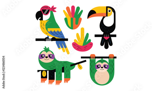 A collection of vector tropical animals with clean lines and vivid colors. There is a parrot with a bright green body and a yellow head. The parrot is wearing