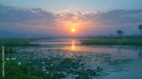Sunset over a water-filled landscape with a serene atmosphere