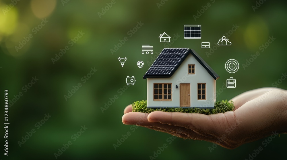 Miniature White House with Dark Grey Roof and Solar Panels Sitting on Soft Green Moss Surface, Held Gently in a Fair-Skinned Hand, Surrounded by Floating Icons Representing Smart Home Systems Miniature White House with Dark Grey Roof and Solar Panels Sitting on Soft Green Moss Surface, Held Gently in a Fair-Skinned Hand, Surrounded by Floating Icons Representing Smart Home Systems