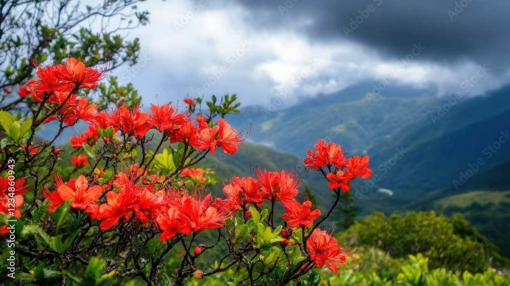 Vibrant red flowers bloom in mountainous landscape under cloudy sky Vibrant red flowers bloom in mountainous landscape under cloudy sky