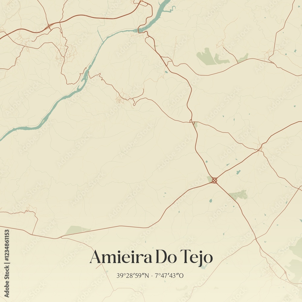 Fototapeta premium Vintage map of Amieira Do Tejo, Portugal. 