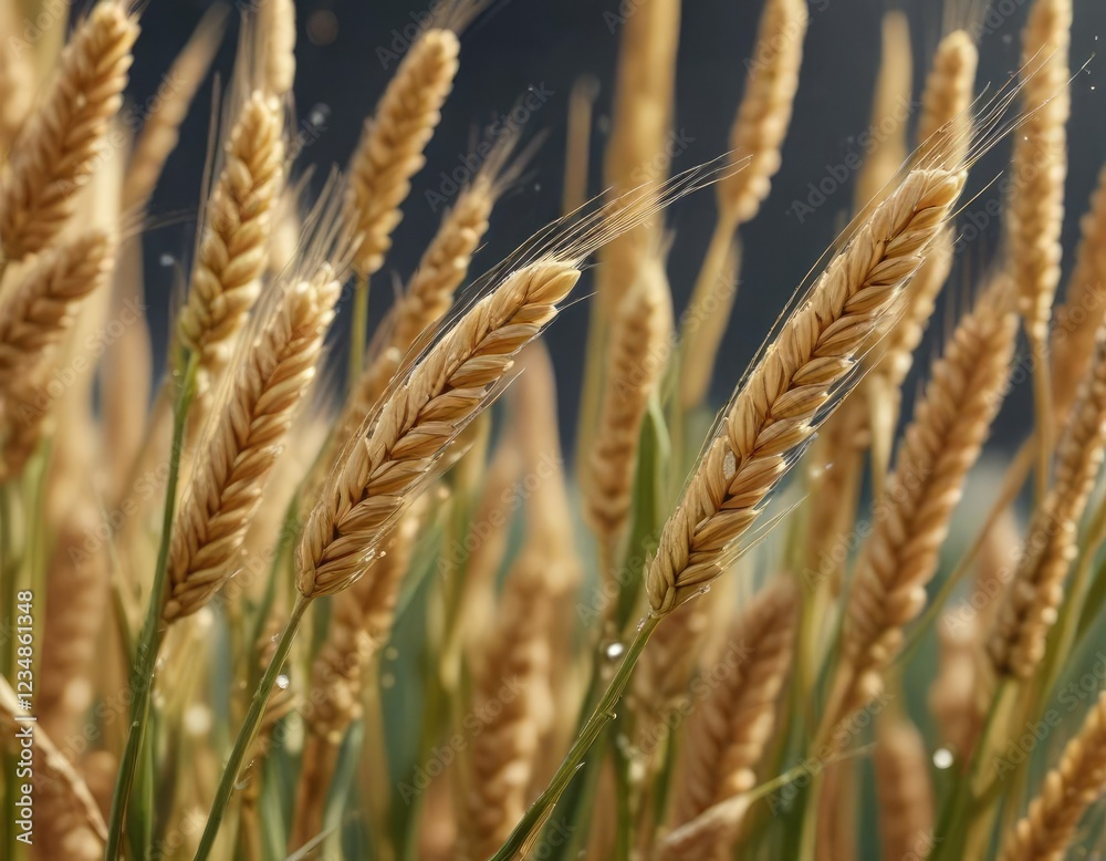 Close-up of wheat spikelets with small drops of water on the kernels, close-up photography, water droplets, natural condition, dew, moisture Close-up of wheat spikelets with small drops of water on the kernels, close-up photography, water droplets, natural condition, dew, moisture