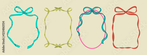 Set of elegant whimsical hand-drawn pink blue orange green color frames with wavy squiggle curly ribbons in trendy, vintage styles. Perfect for quirky holiday, wedding, birthday gift decorations