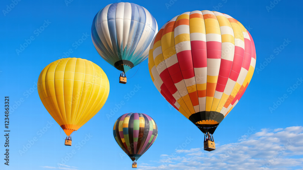 Fototapeta premium Colorful hot air balloons soaring in clear blue sky create vibrant scene of joy and adventure. festival atmosphere is enhanced by variety of patterns and colors
