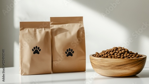 A mockup of two kraft paper bags with dog food inside, on a white table. 