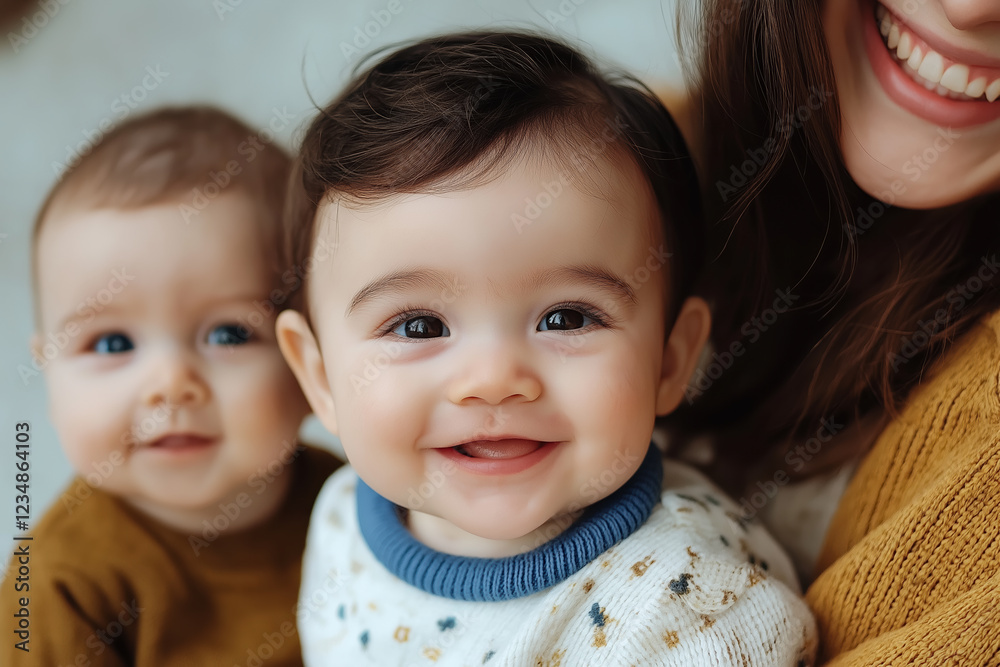 Joyful moments of two adorable babies smiling with their mother in a cozy indoor setting during a warm afternoon Joyful moments of two adorable babies smiling with their mother in a cozy indoor setting during a warm afternoon