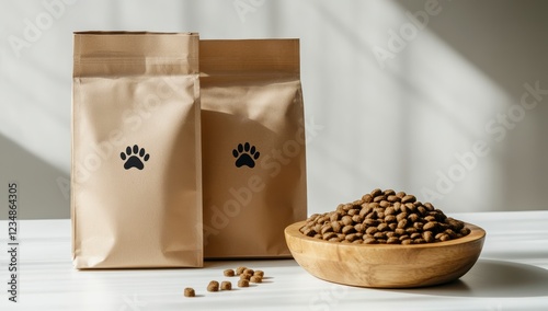 A mockup of two kraft paper bags with dog food inside, on a white table. 