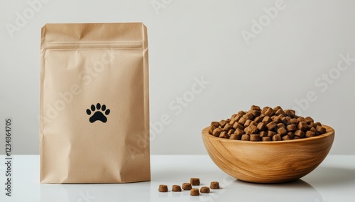A mockup of two kraft paper bags with dog food inside, on a white table.