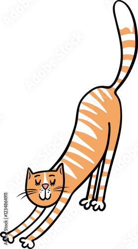 A striped ginger cat stretches after sleep