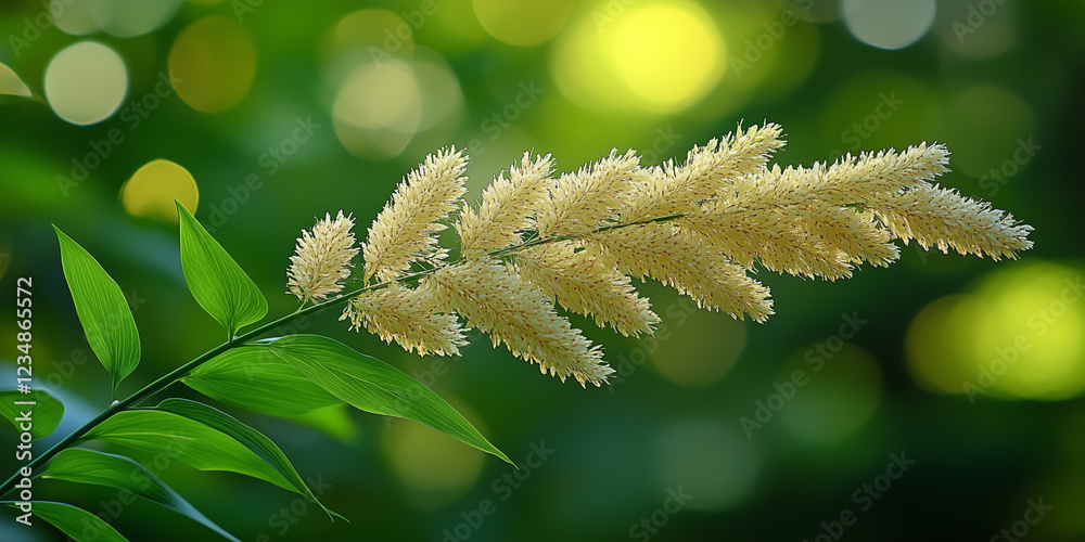 Close-up of fluffy yellow flower spikes surrounded by lush green leaves and soft bokeh background Close-up of fluffy yellow flower spikes surrounded by lush green leaves and soft bokeh background