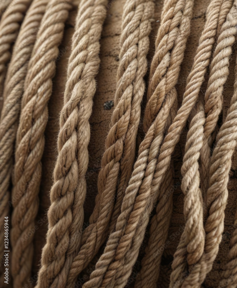 Close-up shot of jute rope with natural texture and earthy color, woven material, earthy tones Close-up shot of jute rope with natural texture and earthy color, woven material, earthy tones