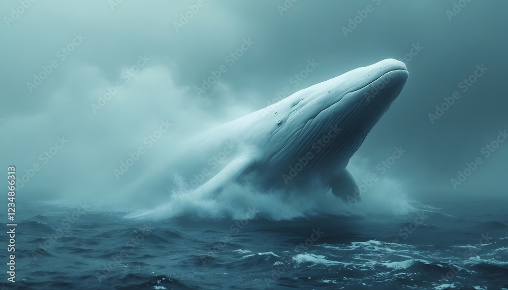 Fototapeta premium Majestic Whale Emerging From Misty Ocean Waves
