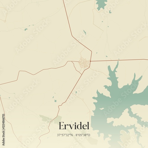 Vintage map of Ervidel, Portugal. 