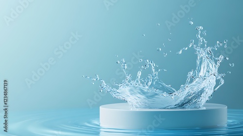 Water splashing on white podium in blue background