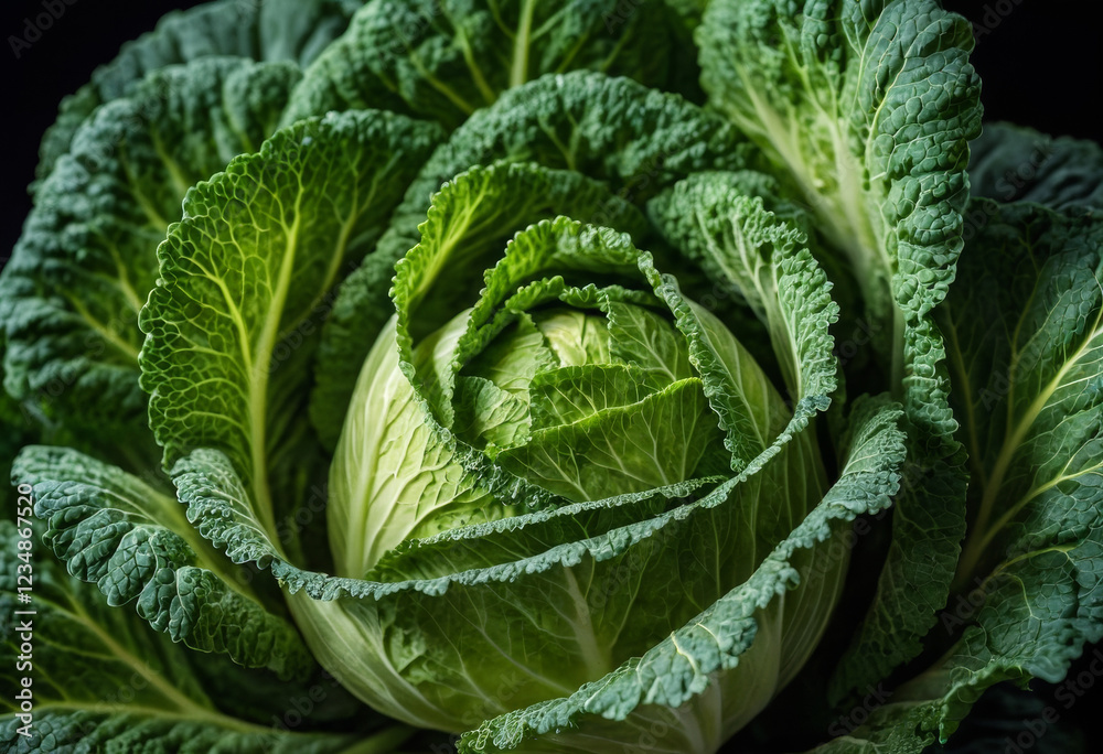 Fototapeta premium Close-up of a fresh green savoy cabbage on a dark background, showcasing its textured leaves and natural detail