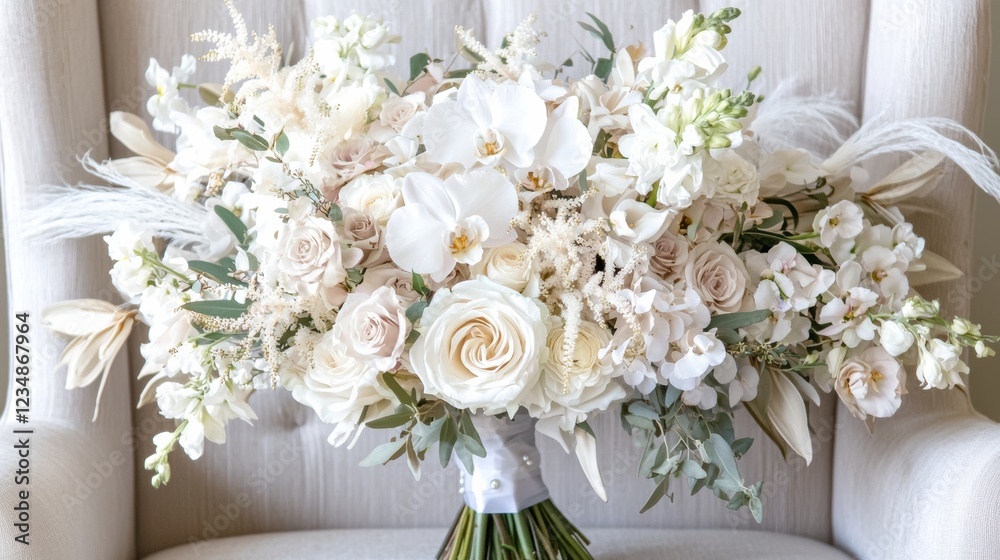 Elegant white floral bouquet arrangement for weddings indoor venue photography romantic atmosphere close-up view
